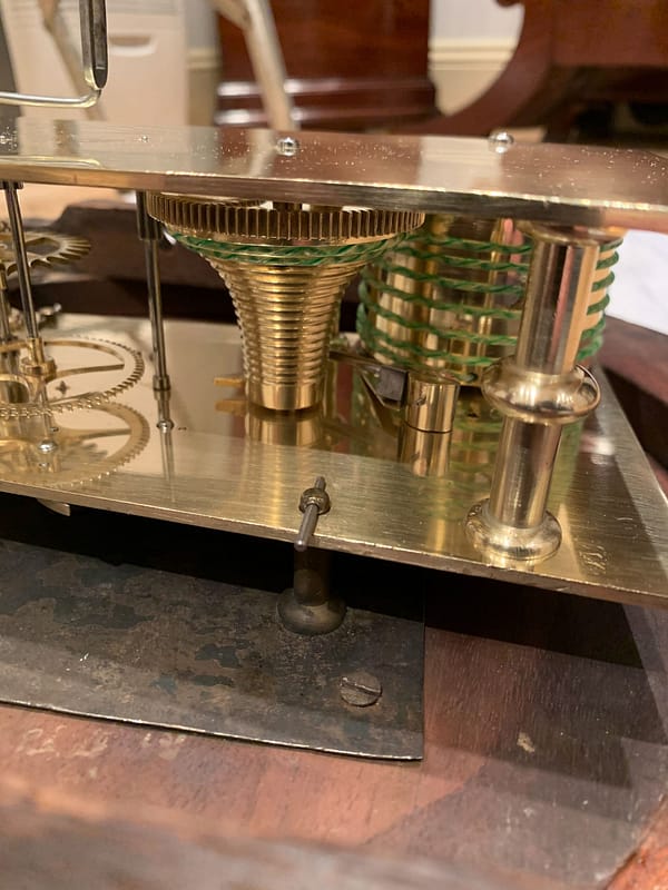 hargraves-bawtry-georgian-mahogany-fusee-drop-dial-wall-clock-movement-detail-side Image showing the clock movement fusee