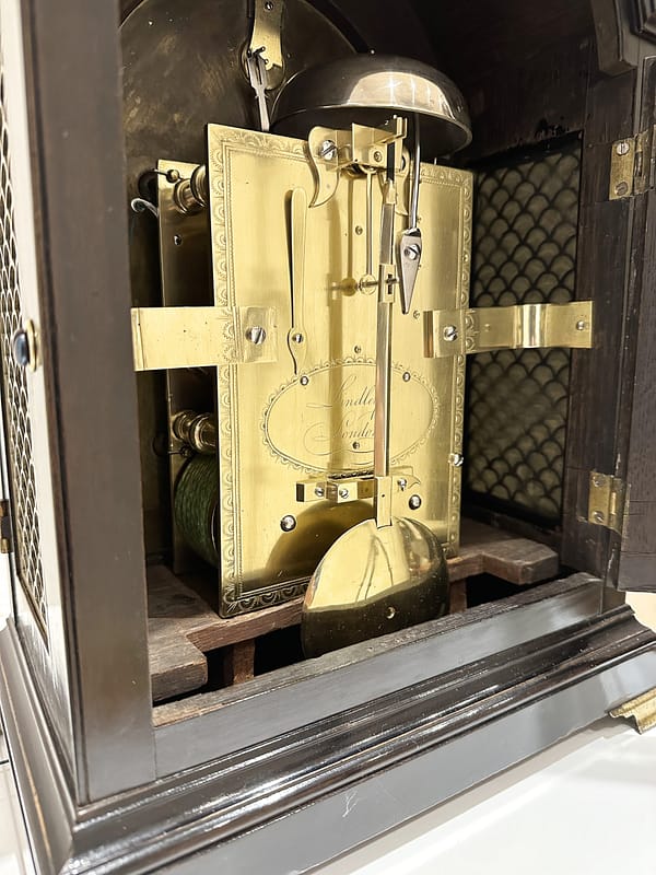 london-georgian-single-pad-top-fusee-bracket-table-clock-movement-detail Image of the fully restored 8 dat fusee movement , with engraved backplate and pendulum bob.