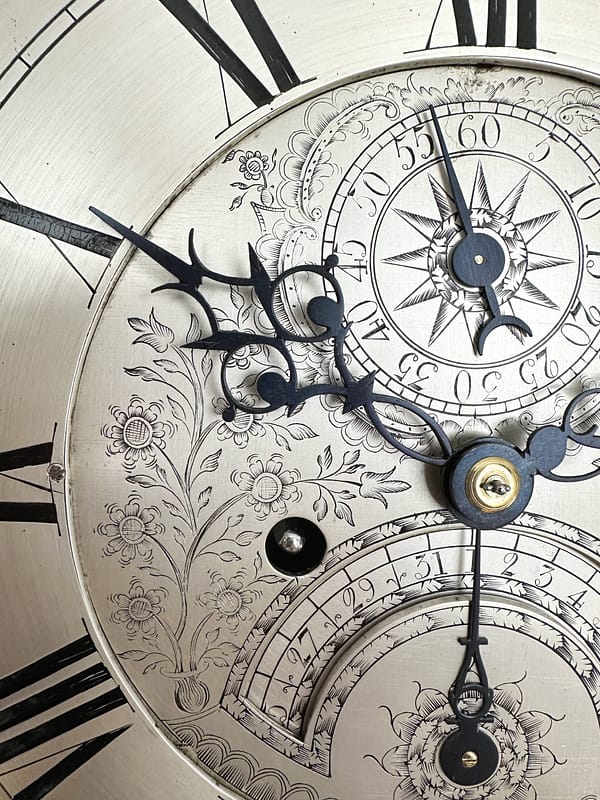 mason-bawtry-georgian-oak-brass-dial-longcase-grandfather-clock-dial-detail detail of the finely engraved silvered antique longcase clock dial centre