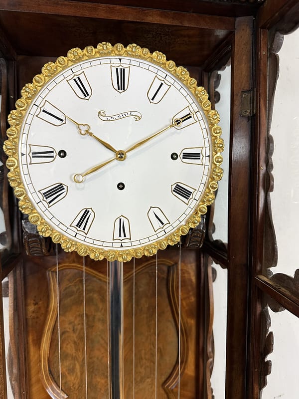 mayer-biedermeier-viennese-carved-grande-sonnerie-regulator-wall-clock-dial enammeled one piece antique wall clock dial signed Anton mayor with blue roman numerals