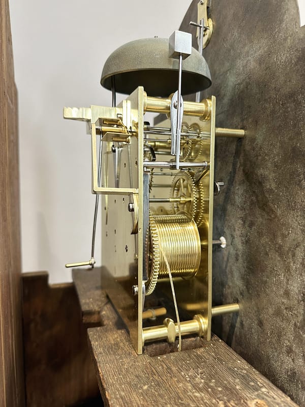 recordon-london-georgian-mahogany-longcase-grandfather-clock-movement-detail an image of the fully restored 8 day regualtor longcase clock movement with strike train