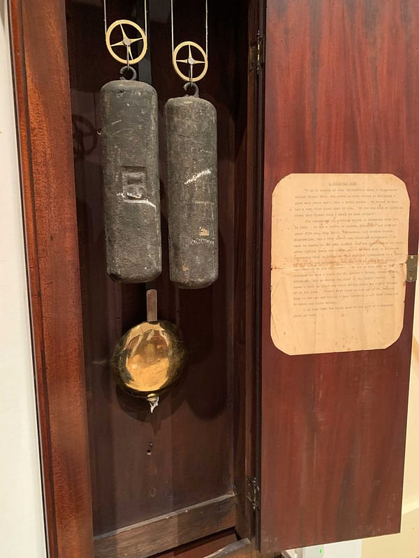 reid-endinburgh-mahogany-longcase-grandfather-clock-weights Reid of Edinburgh Georgian longcase /grandfather antique clock. Trunk door open showing weights and pendulum.