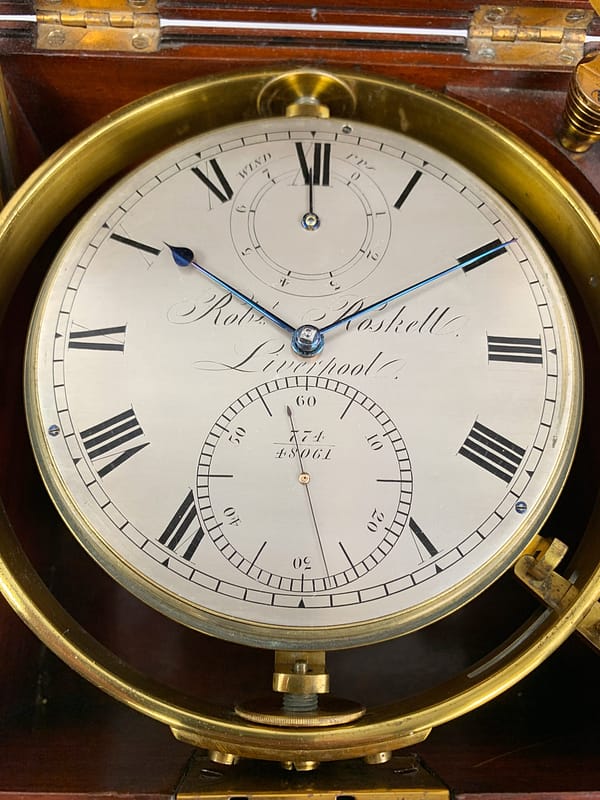 roskell-liverpool-eight-day-marine-chronometer-dial image of the silvered and engraved marine chronometer dial