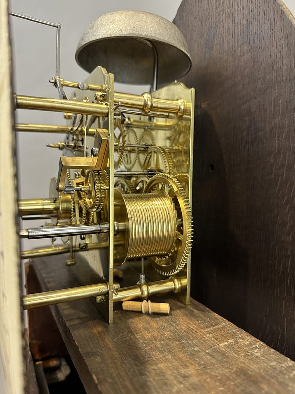 wightman-london-georgian-mahogany-longcase-grandfather-clock-movement-detail An image of the fully restored brass plates and fine gear work longcase clock movement