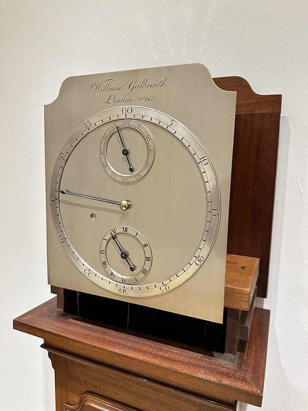 galbraith-london-regulator-longcase-clock-dial Image of a silvered and engraved brass dial with regulator observatory layout.