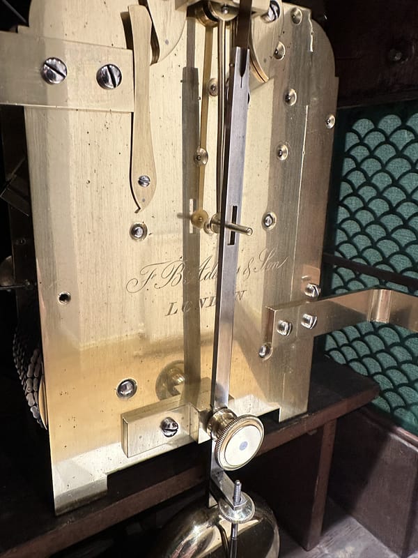 rosewood-bracket-clock-adams-london-movement engraved signature for Adams London on the backplate of the movement