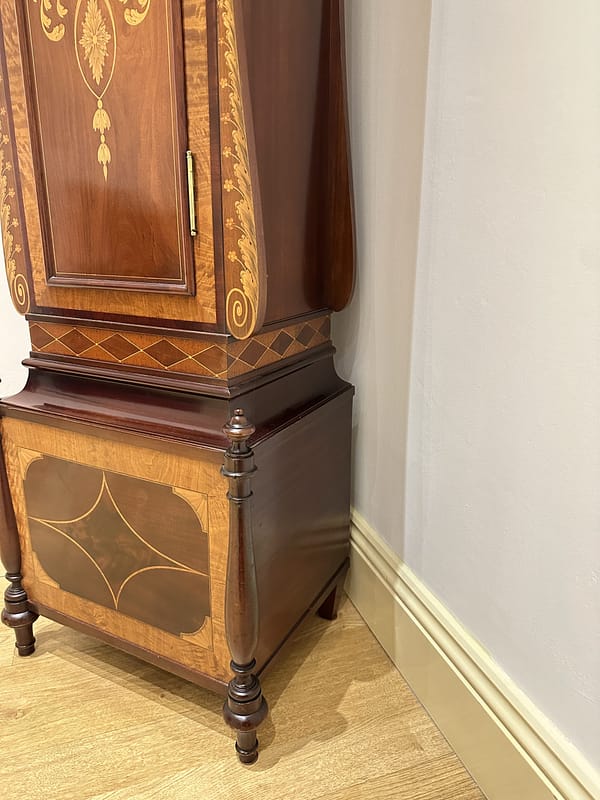 smith-london-quarter-chiming-longcase-clock-detail A high quality, Sheraton Revival, Westminster chiming longcase / grandfather clock by S Smith and Son, 9 Strand, London, circa 1880.