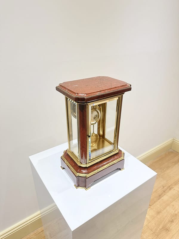 leroy-paris-mantel-clock-back showroom image showing the rear of a fine quality French rouge marble four-glass mantel clock by Le Roy & Fils, 13 - 15 Palais Royal Paris, Circa 1880.