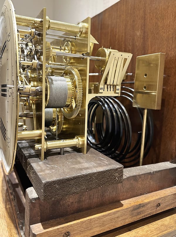 london-walnut-quarter-chiming-longcase-grandfather-clock-movement-detail Fully restored Westminster quarter chiming 8 day movement