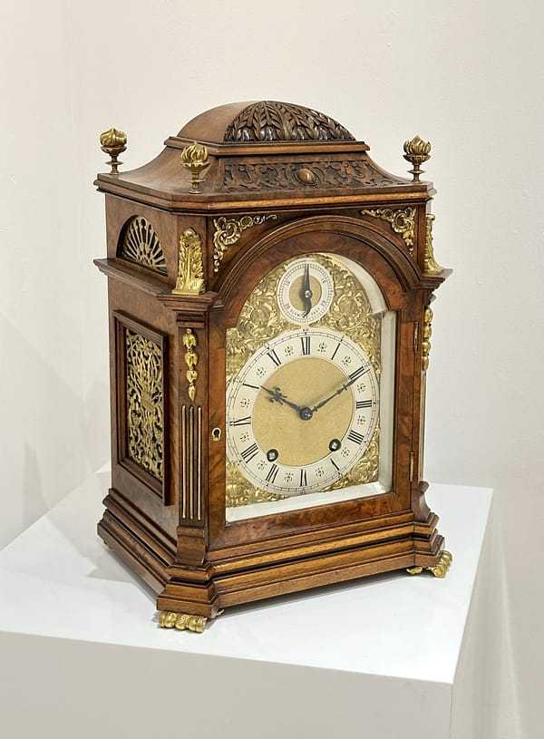 burr-walnut-lenzkirch-quarter-chiming-bracket-mantel-clock-showroom-image A Burr Walnut Quarter Chiming Bracket Clock, Lenzkirch Of Germany C.1880.
