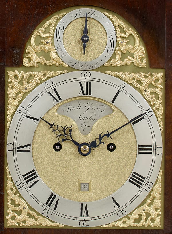 london-georgian-bracket-clock-brass-dial a finely executed antique clock brass dial with an engraved silvered chapter ring, signed rich Grove London.