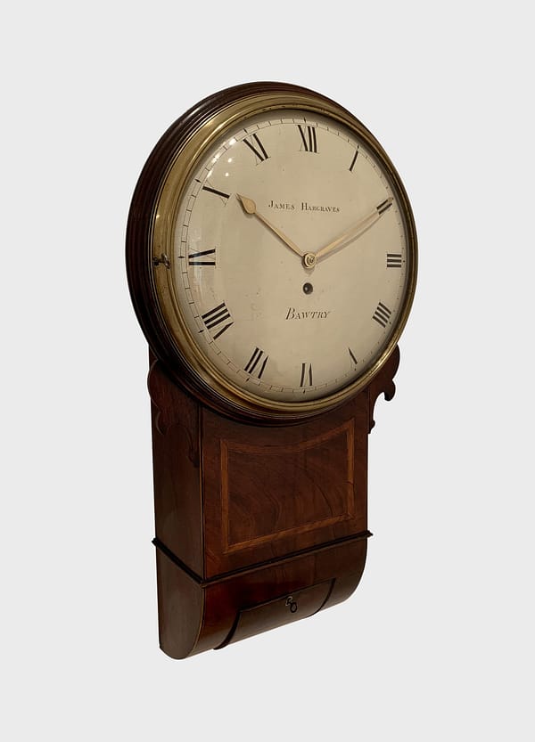 hargraves-bawtry-georgian-mahogany-fusee-drop-dial-wall-clock-master-main A fine quality 8 day English fusee timepiece trunk dial wall clock by James Hargraves of Bawtry circa 1820, side view image.