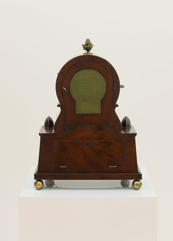 london-bracket-clock-leplastrier-back A rear view of the figured mahogany case of the Leplastrier bracket clock, with the original locks and keys.