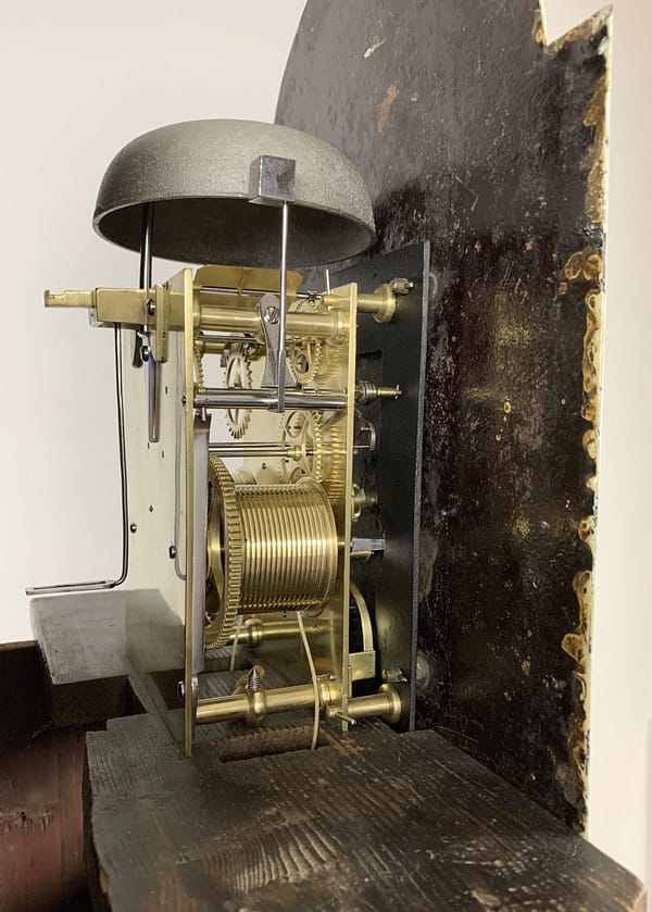 georgian-mahogany-longcase-antique-clock-painted-dial-movement A fine quality flame mahogany 8 day longcase clock by John Startridge of Cowes c.1795. Movement detail image.