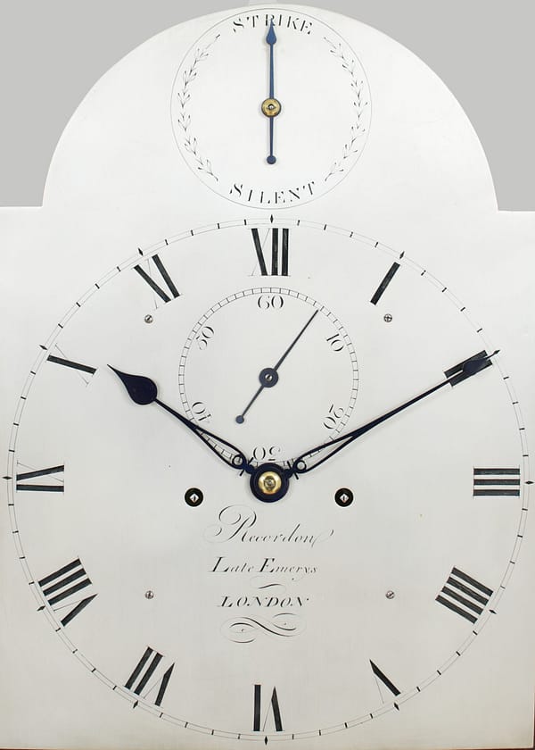 recordon-london-georgian-mahogany-longcase-grandfather-clock-dial Silverd and engraved brass antique longcase clock dial signed Recordon London