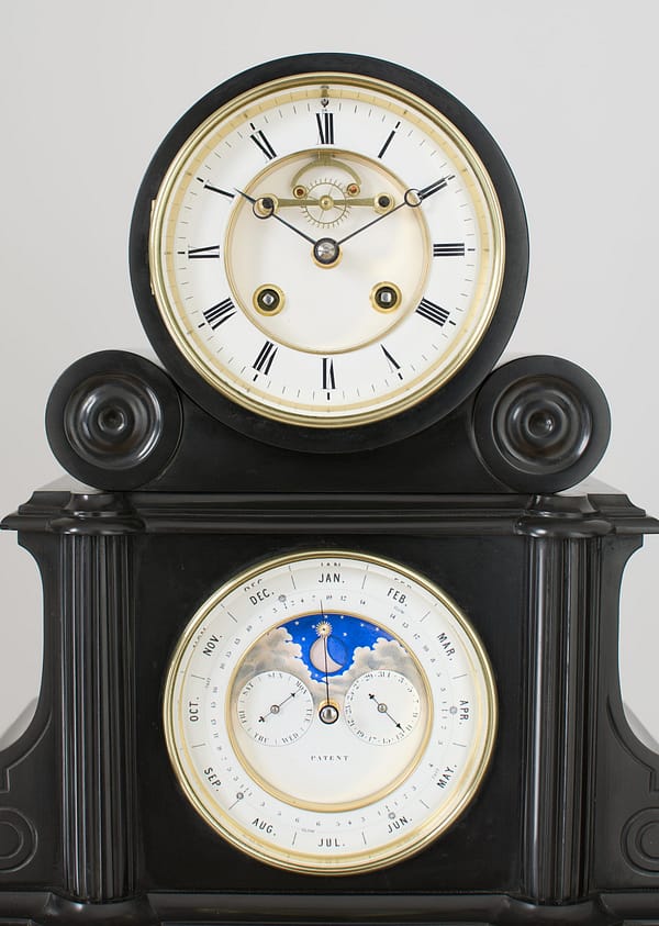 french-perpetual-calendar-mantel-clock-dial detailed image showing two white enamelled dials of a fine quality 19th century French marble perpetual calendar mantel clock with moonphase indication, by A Brocot & Delettrez Paris circa 1870.
