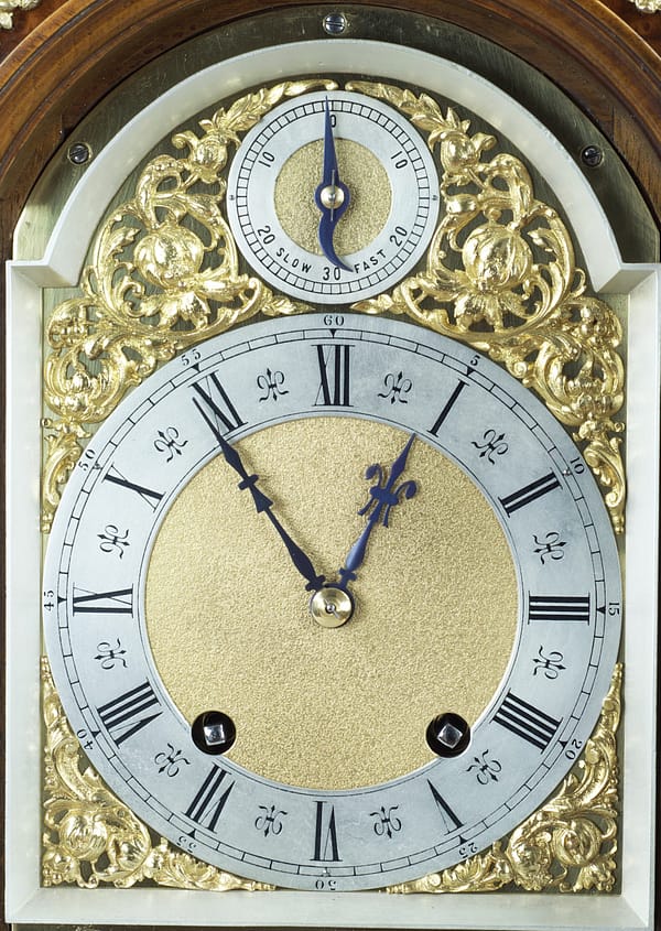burr-walnut-lenzkirch-quarter-chiming-bracket-mantel-clock-dial Image of the brass and silvered Lenzkirch clock dial.