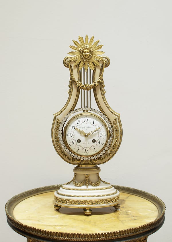 french-white-marble-lyre-mantel-clock-main-showroom A French White Marble And Ormolu Mount Lyre Mystery Mantel Clock Circa 1890.