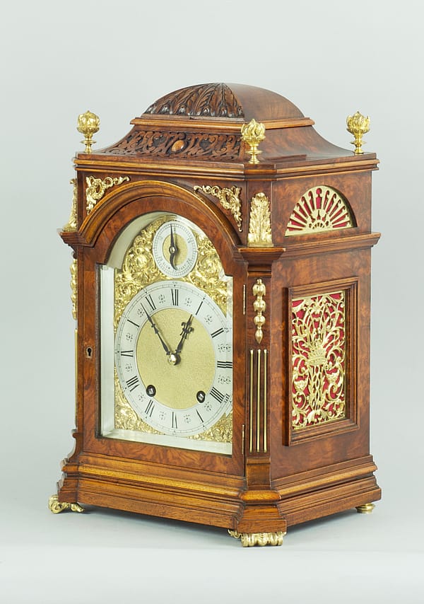 burr-walnut-lenzkirch-quarter-chiming-bracket-mantel-clock-main-side A fine quality burr walnut bracket clock by Lenzkirch of Germany, with a quarter chiming movement dating 1896.