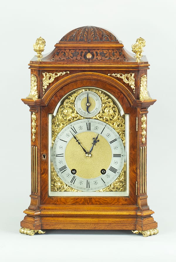 burr-walnut-lenzkirch-quarter-chiming-bracket-mantel-clock-main-image A fine quality burr walnut bracket clock by Lenzkirch of Germany, with a quarter chiming movement dating 1896.