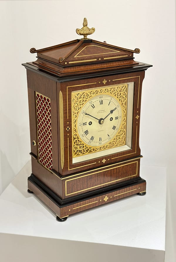 durden-london-mahogany-antique- bracket-clock-showroom A side view image of the Durden of London antique bracket clock