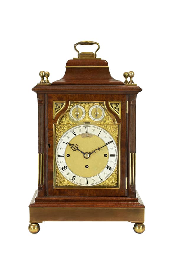 bull-bedford-quarter-chiming-mahogany-antique-bracket-clock A fine quality late Victorian mahogany and gilt brass mounted quarter chiming bracket clock of small proportions, London made, retailed by John Bull & Co of Bedford c.1890.