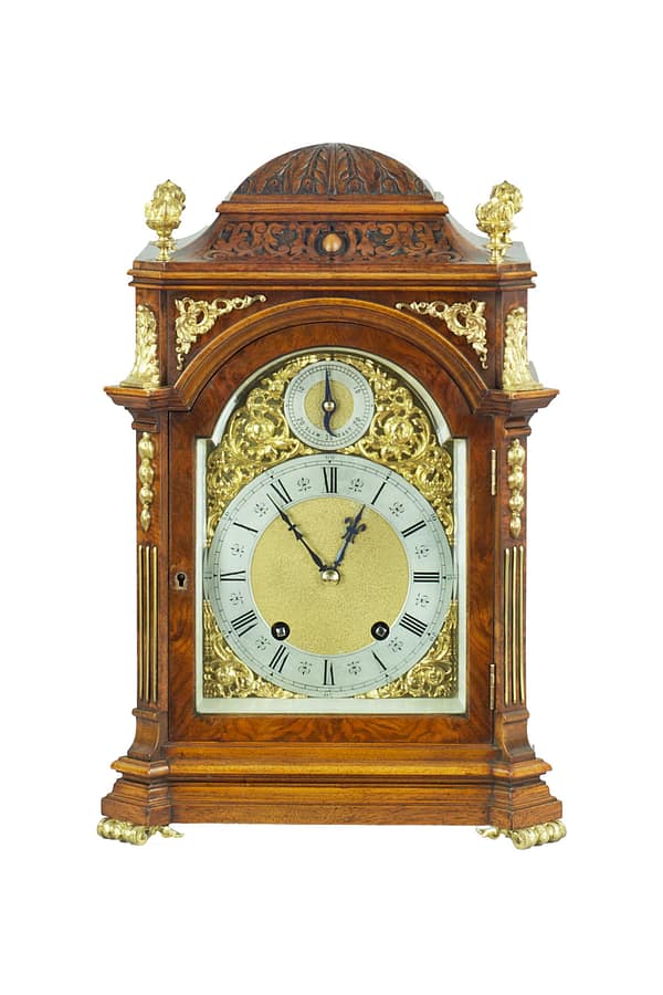 burr-walnut-lenzkirch-quarter-chiming-bracket-mantel-clock A fine quality burr walnut bracket clock by Lenzkirch of Germany, with a quarter chiming movement dating 1896.