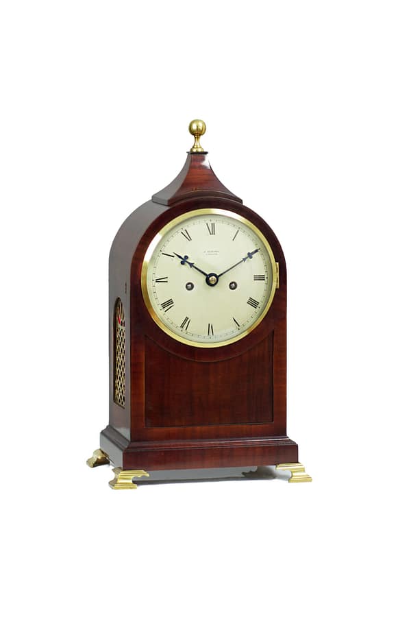 durden-london-mahogany-fusee-mantel-clock A beautiful small sized mahogany mantel clock with circular painted dial and high quality fusee fully restored antique clock movement.