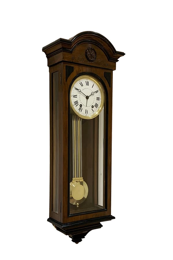 french-walnut-regulator-wall-clock An interesting walnut cased french antique wall clock in a fine walnut case with a conves white dial