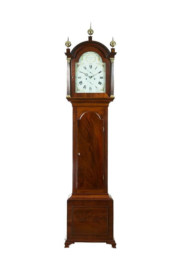 georgian-mahogany-longcase-antique-clock-painted-dial A fine quality flame mahogany 8 day longcase clock by John Startridge of Cowes c.1795
