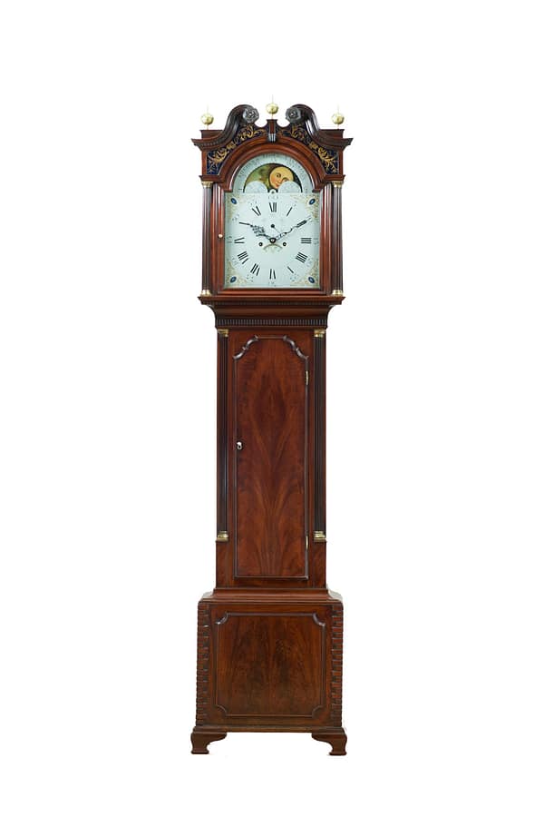 georgian-mahogany-longcase-grandfather-antique-clock-moonphase A fine quality flame mahogany 8 day longcase clock by Kitchen & Lloyd of Nantwich c.1780.