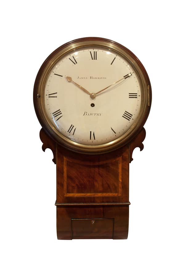 hargraves-bawtry-georgian-mahogany-fusee-drop-dial-wall-clock A fine quality 8 day English fusee timepiece trunk dial wall clock by James Hargraves of Bawtry circa 1820.