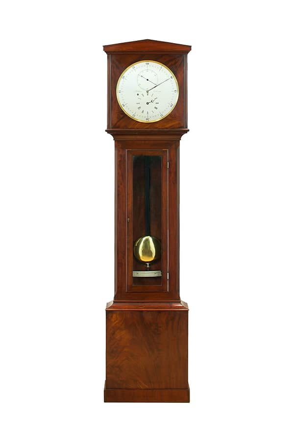 hutton-edinburgh-mahogany-regulator-longcase-clock A fine quality flame mahogany 8 day regulator longcase clock by John Hutton of Edinburgh