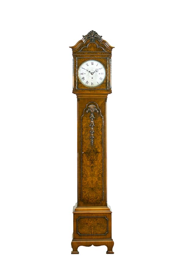 london-walnut-quarter-chiming-longcase-grandfather-clock A high quality, small proportioned, Westminster chiming longcase / grandfather clock by Maple of London.