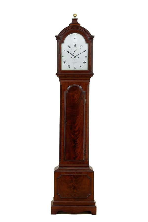 recordon-london-georgian-mahogany-longcase-grandfather-clock A fine quality George III flame mahogany domestic regulator longcase clock by Recordon, Late Emerys of London c.1790.