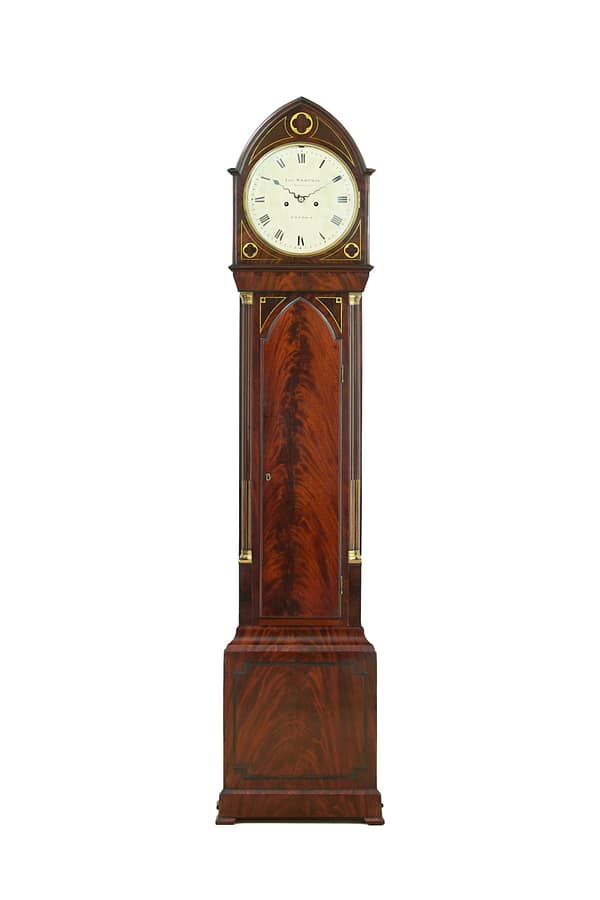 wightman-london-georgian-mahogany-longcase-grandfather-clock A fine quality Regency flame mahogany 8 day longcase clock by Thomas Wightman of St Martins Lane, London.