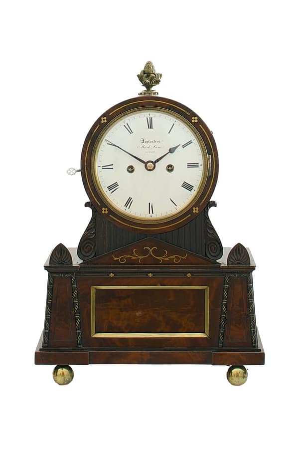 london-bracket-clock-leplastrier A Regency Egyptian revival bracket / table clock of eight day duration by Leplastrier, Mark lane, London, Circa 1815.