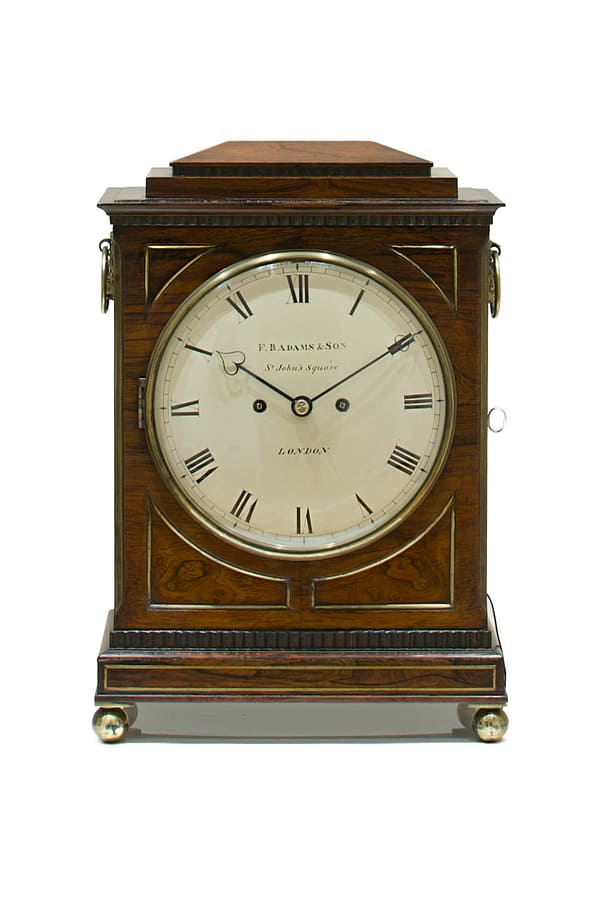 rosewood-bracket-clock-adams-london image of a Regency rosewood bracket clock with painted circular dial