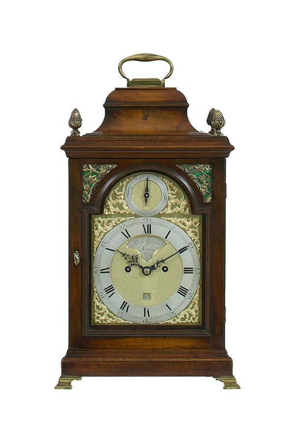 antique-london-georgian-bracket-clock-verge image of an inverted bell top Georgian mahogany bracket clock with brass dial circa 1770
