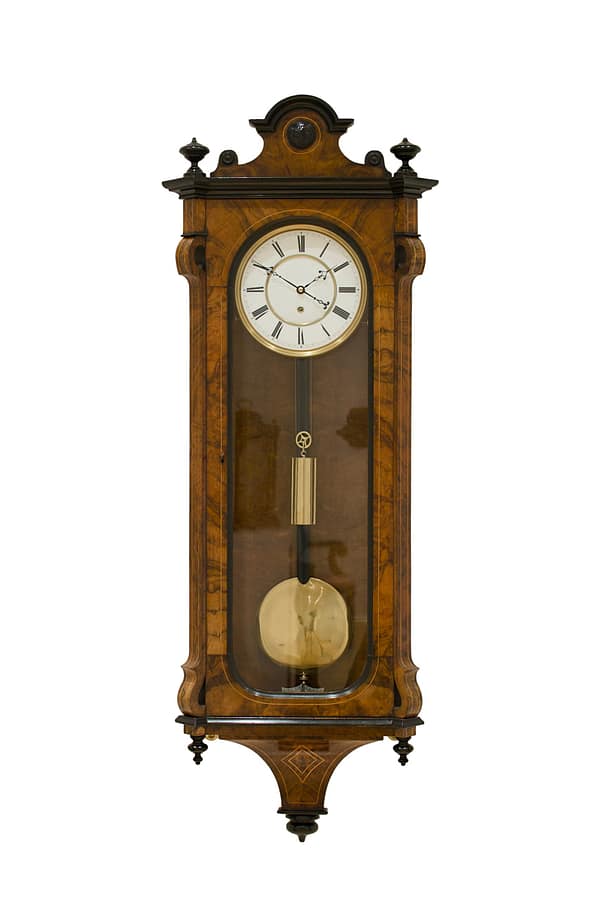 lenzkirch-vienna-wall-clock Image of a burr walnut timepiece Lenzkirch Vienna wall clock with a white enamelled dial and brass weight /pendulum