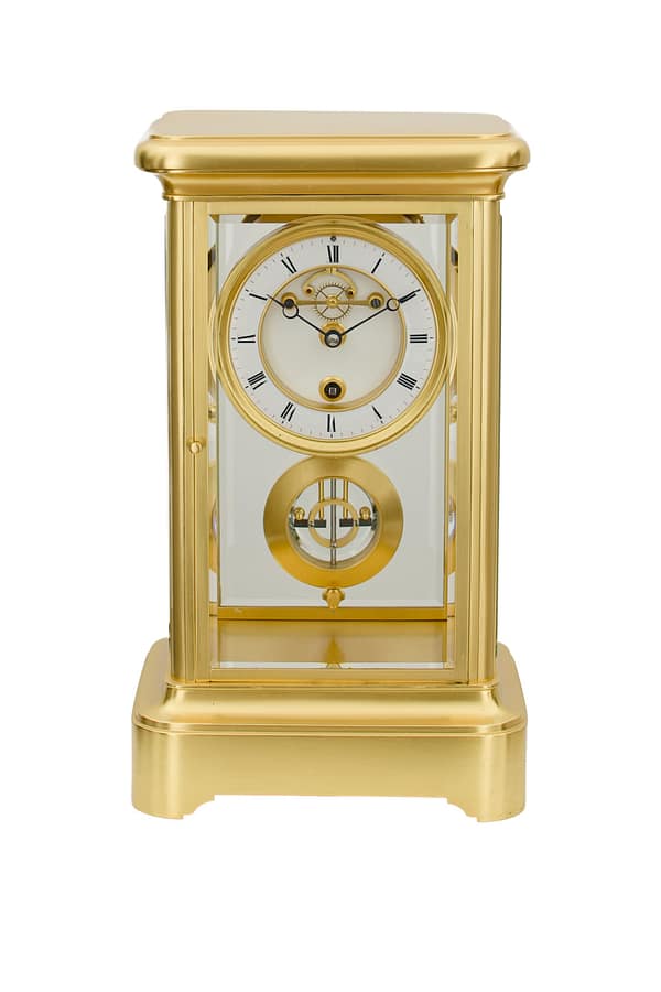 french-four-glass-year-duration image of a superior quality, rare French gilt brass four-glass mantel timepiece, of one year duration dating to the late 19th century.