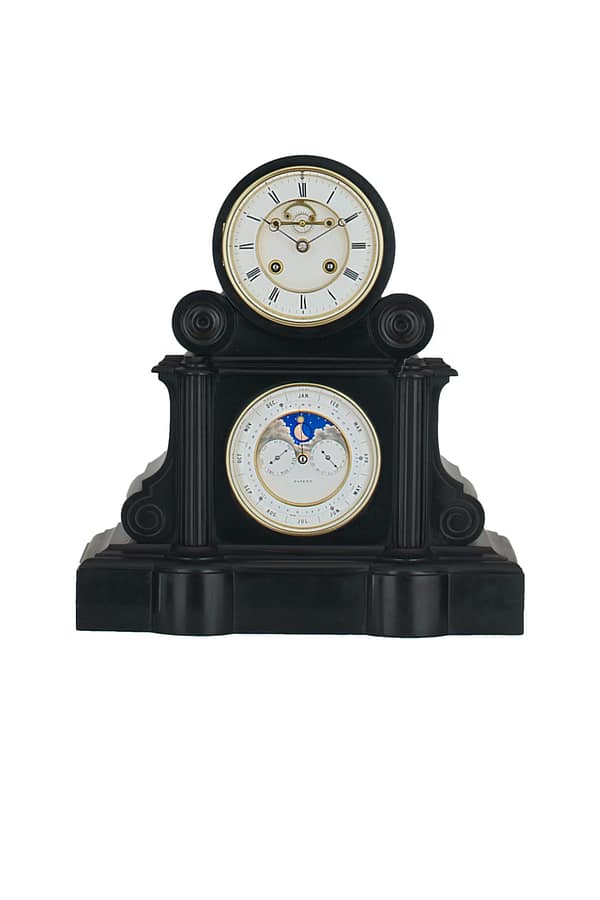 french-perpetual-calendar-mantel-clock image of a fine quality 19th century French marble perpetual calendar mantel clock with moonphase indication, by A Brocot & Delettrez Paris circa 1870 in the story antique clocks showroom.
