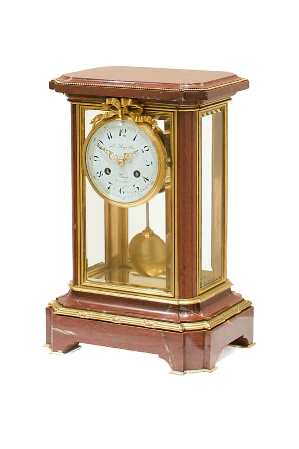 leroy-paris-mantel-clock showroom image of a fine quality French rouge marble four-glass mantel clock by Le Roy & Fils, 13 - 15 Palais Royal Paris, Circa 1880.