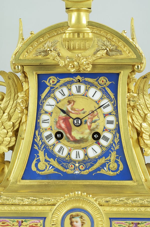 french-paris-ormolu-mantel-clock-dial image of the decorative dial with painted classical muse centre.