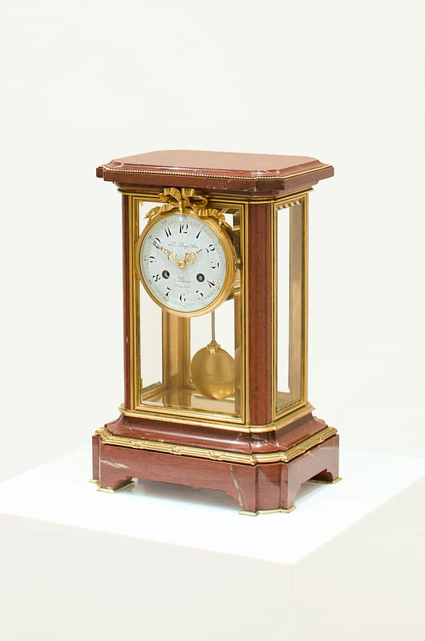 leroy-paris-mantel-clock-main image of a fine quality French rouge marble four-glass mantel clock by Le Roy & Fils, 13 - 15 Palais Royal Paris, Circa 1880, in Story Antique Clocks showroom.