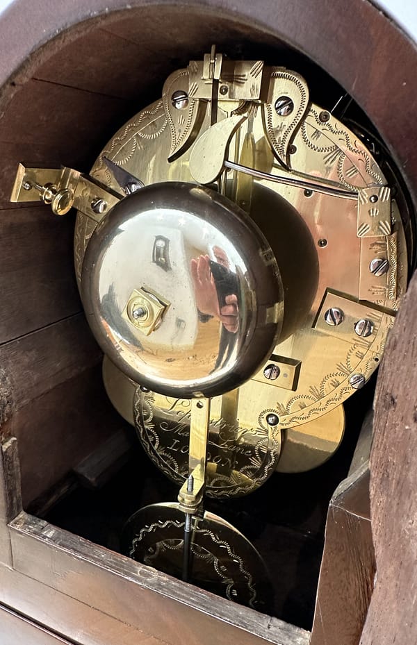 london-bracket-clock-leplastrier-movement-detail A detailed image of the Leplastrier clock movement with fine engraving to the border
