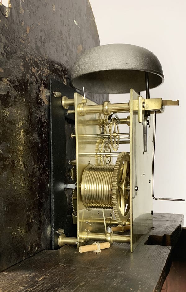 georgian-mahogany-longcase-antique-clock-painted-dial-movement-detail A fine quality flame mahogany 8 day longcase clock by John Startridge of Cowes c.1795. Movement image eight day striking on a single bell.