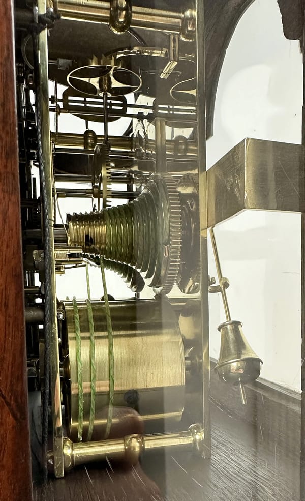 antique-london-bracket-clock-engraved-movement detailed image of a verge escapeent fusee movement antique bracket clock.